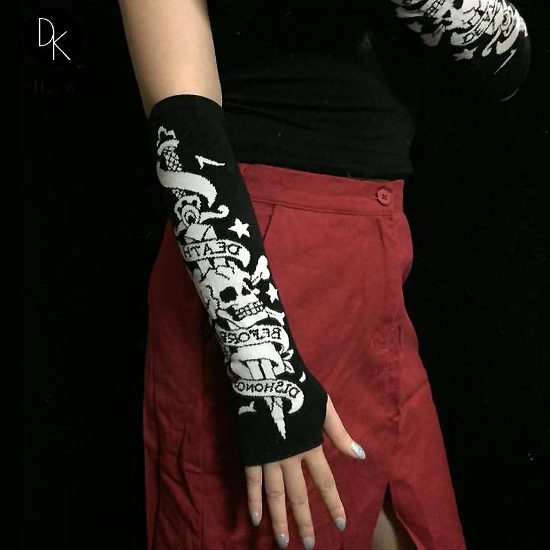 

Five Fingers Gloves Y2K Harajuku Punk Skull Half Finger Balck Women Gothic Fingerless Knitted Long Hip Hop Streetwear Goth Accessories