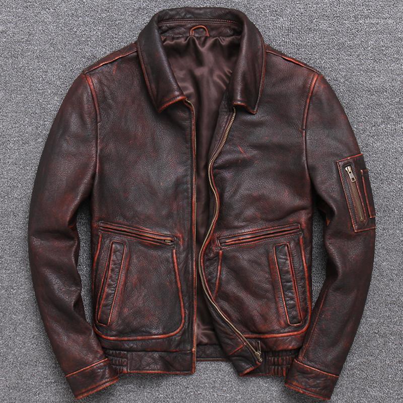 

Men' Leather & Faux Man Head Layer Cowhide Genuine Clothing Self-cultivation Do Used Jacket Lapel Short Fund Locomotive, With red bottom