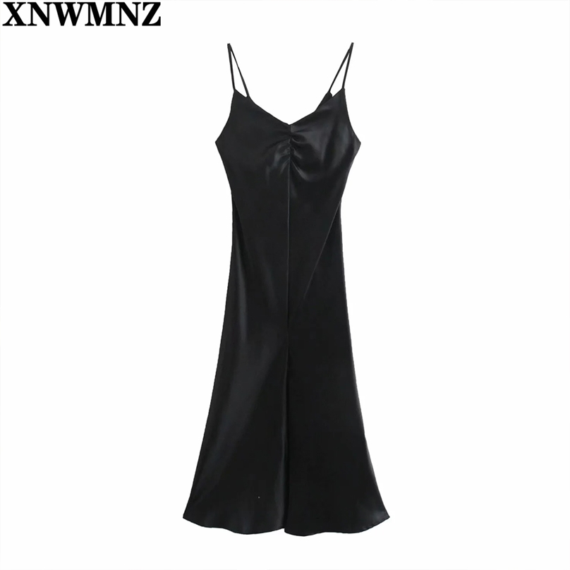 

Black Sexy Satin V Neck Midi Dress Women Spaghetti Strap Sleeveless Backless Split Long Dresses Spring Lady Vestidos 210520