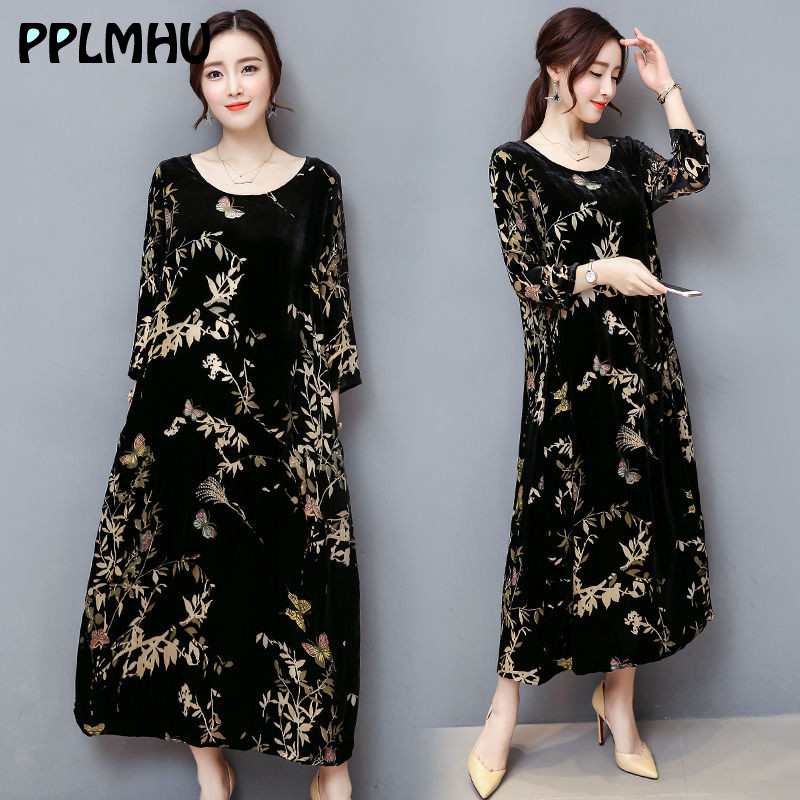 

maxi velvet print plus size 6xl 5xl dress middle aged women casual oversized loose o-neck long sleeve robe black gold vestidos, Black;gray