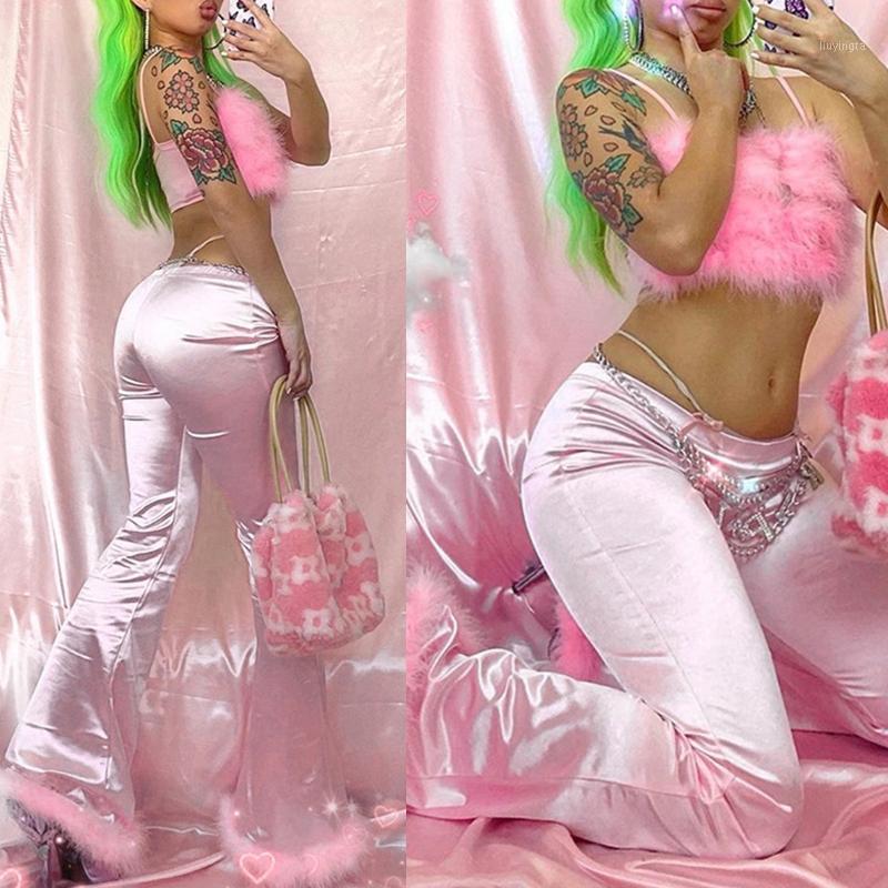 

Women Mid Rise Long Pants Shiny Pink Feather Flare Bell Bottom Stretch Trousers MXMA, As pic