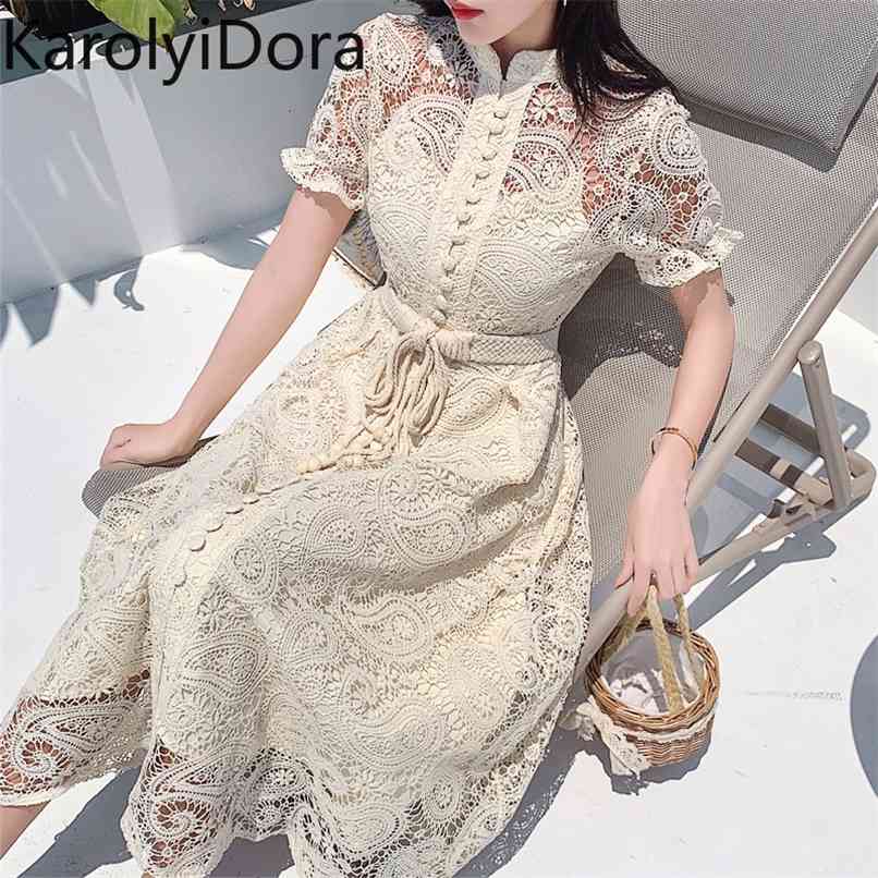 

Summer Women Stand Collar Lantern Short Sleeve Bandage Dress Runway Crochet Hollow Out Lace Female Sash Belt Long 210520, Mini dress