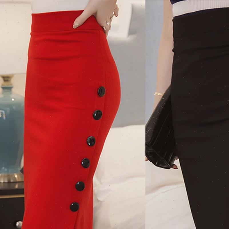 

daigelo pencil black red high women skirt waisted button cotton split office multiple size long