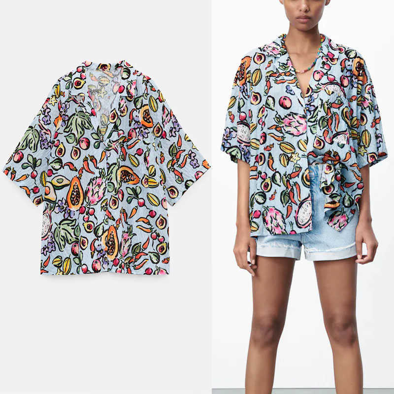 

Za Vintage Print Structured Summer Shirt Women Short Sleeve Side Vents Hem Top Female Fashion Patch Pocket Loose Shirts 210602