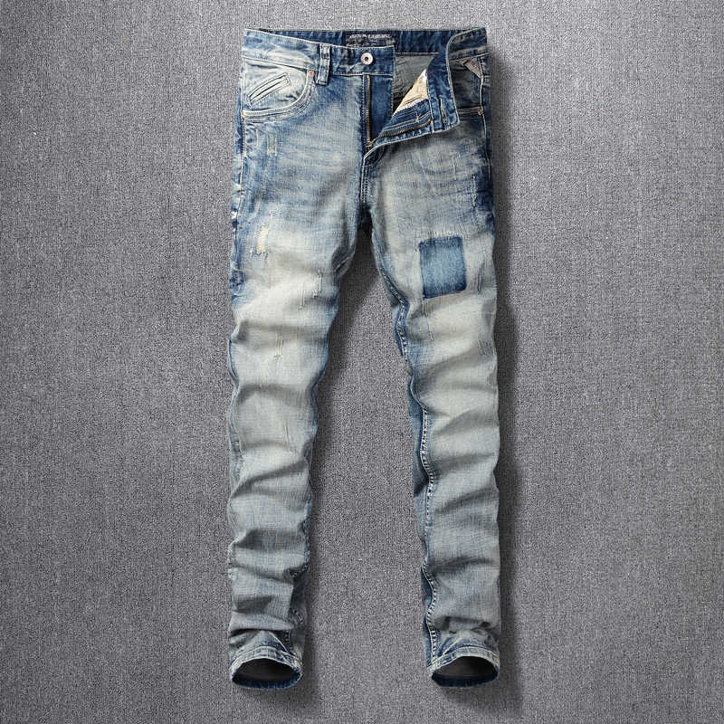 

Fashion Vintage Designer Men Jeans Retro Blue High Quality Slim Fit Ripped Denim Trousers Streetwear Hip Hop Cotton Long Pants QVT0
