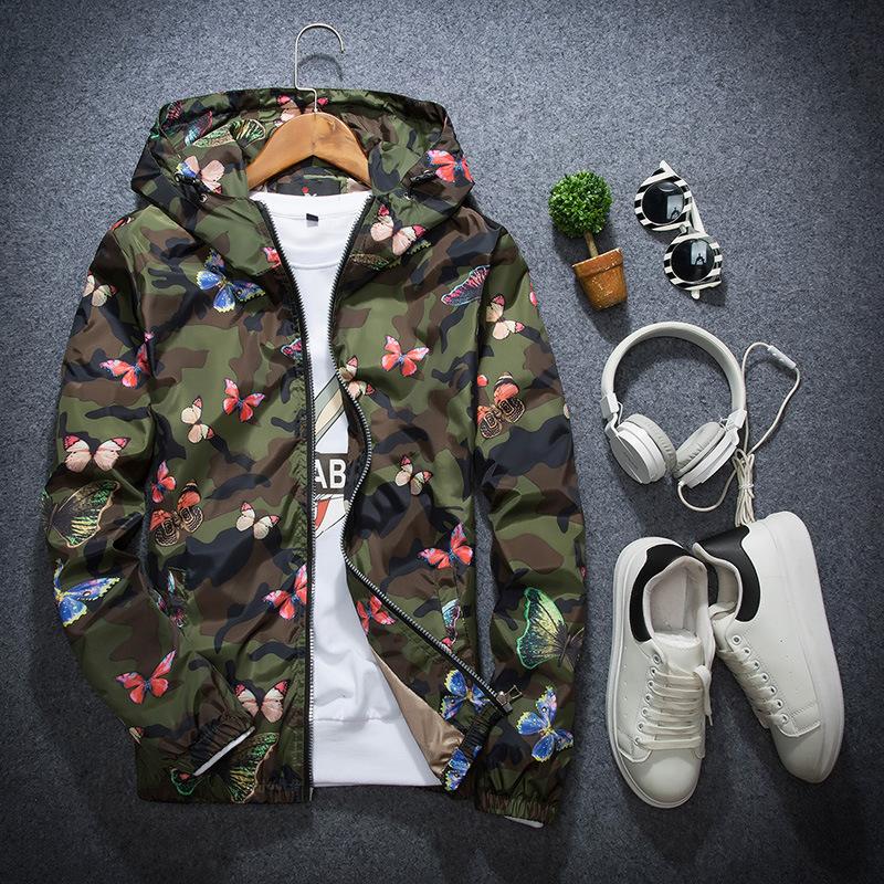 

Men' Jackets Jacket Couple Hooded Youth Thin Camouflage Flower Butterfly Men, Beige