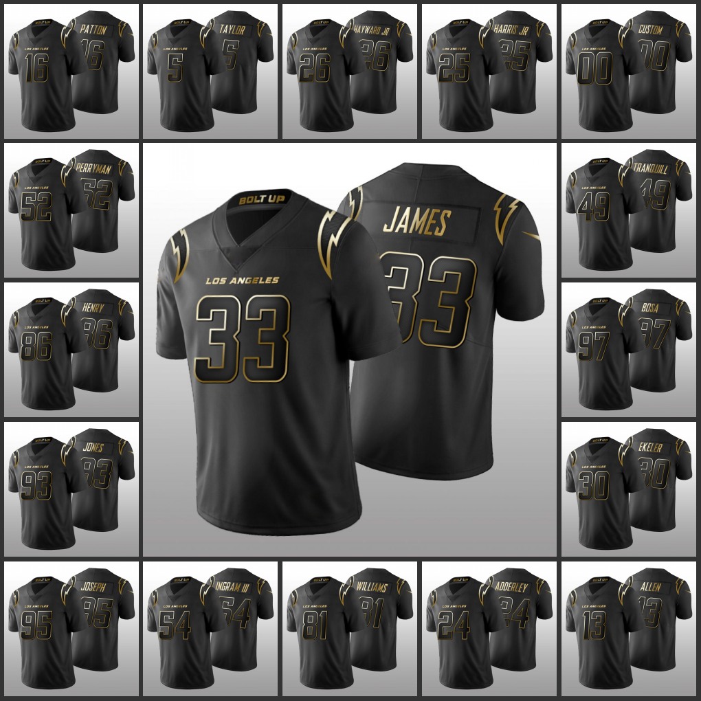 

Los AngelesChargersMen Women Youth #13 Keenan Allen 30 Austin Ekeler 33 Derwin James 97 Joey Bosa Custom Black Golden Limited Jersey