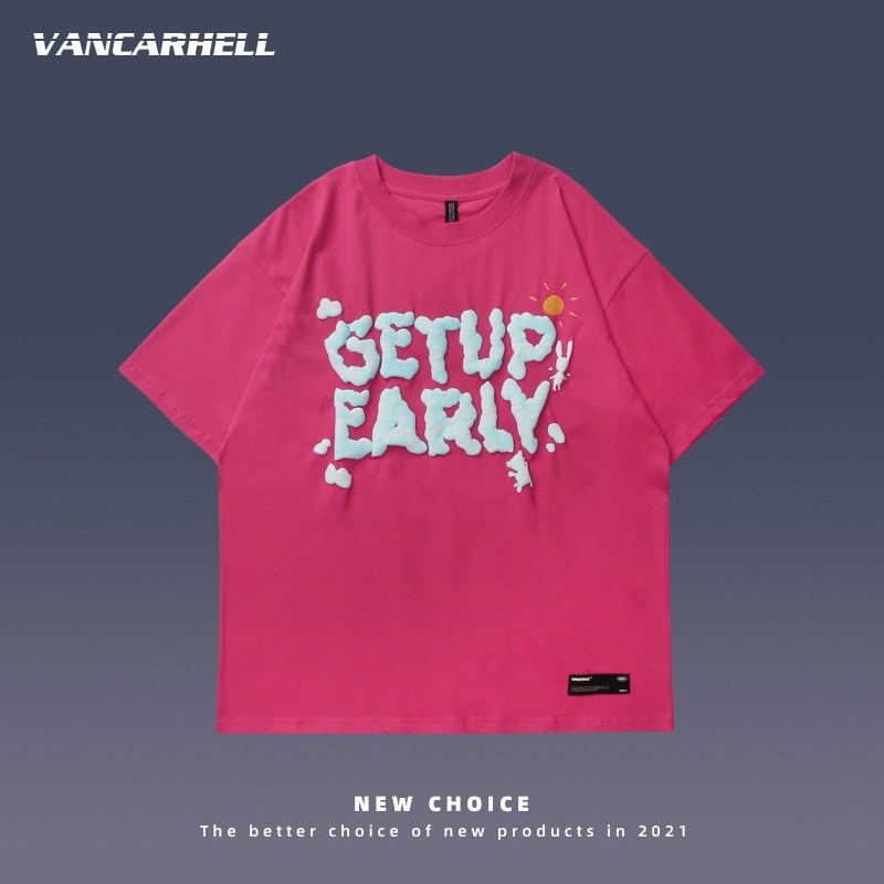 

2021 summer new national fashion foam letter short t-shirt men's street hip hop loose couple half sleeve T-shirt, White;black