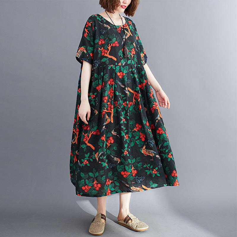 

Johnature Summer Retro Print Dress O-Neck Korean Loose Comfortable Short Sleeve Plus Size Women Vintage Casual Dresses 210521, Navy blue