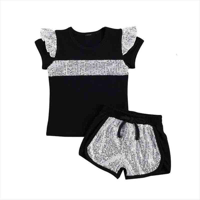 

2 7y toddler kids baby girl clothes sets sequins patchwork flying sleeve t shirt shorts pant bottom 2pcs children, White