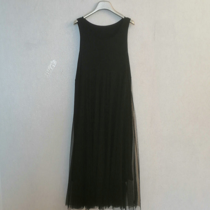 

European station 2021 summer new silk splicing solid color literary fan sleeveless wild showsted vest dress 16, Black;gray