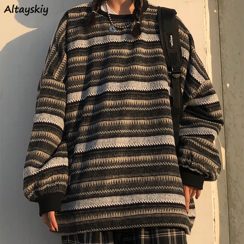

Pullovers Women Oversize Ulzzang BF Unisex Couples Japanese Striped Knit Sweater Hip Hop Female New Winter Fashion Retro Daily, Black