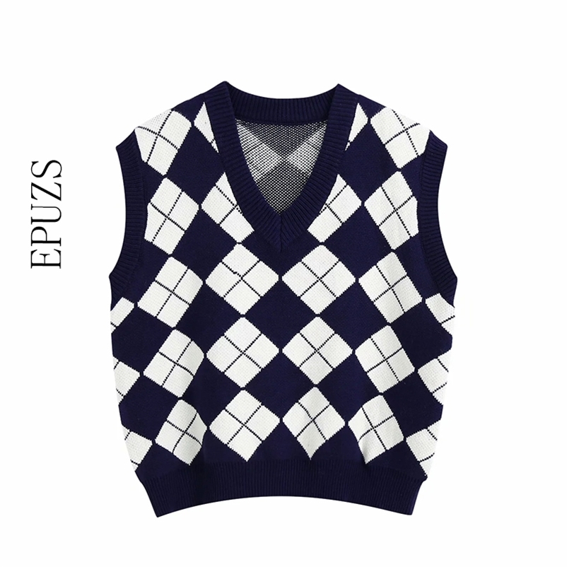 

Sweet sleeveless plaid Knitted Sweater women Eurpean Style Fashion V-Neck Vest Sweaters Chic cute sweater 210521, Blue