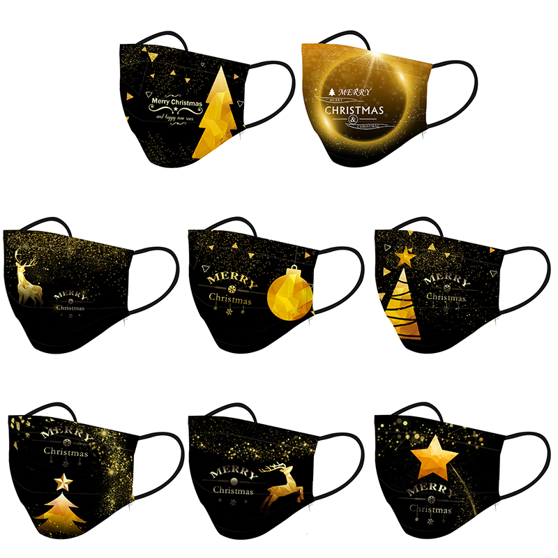 

wholesale Black Disposable Mask Adult Fashion Designer Print Gold Christmas tree Face Masks 3 Layers Non-Woven Protection
