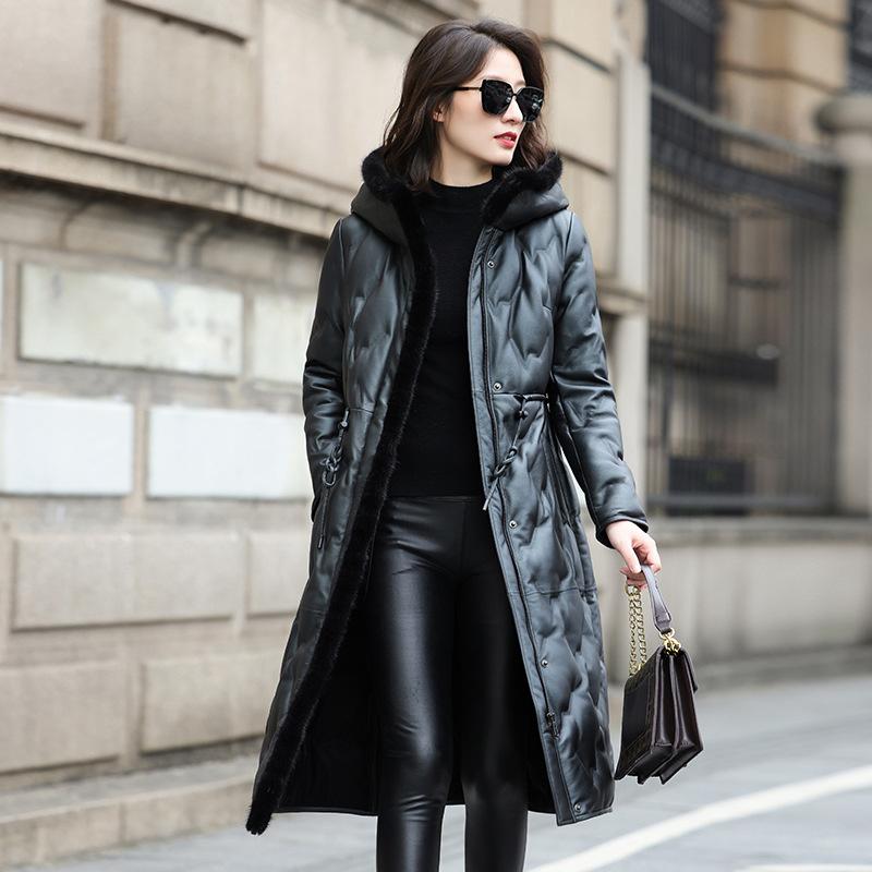 

Women's Leather & Faux Pearlescent Sheepskin Down Jacket Middle And Long Haining 2021 Winter Fur Slim Thickened, Black