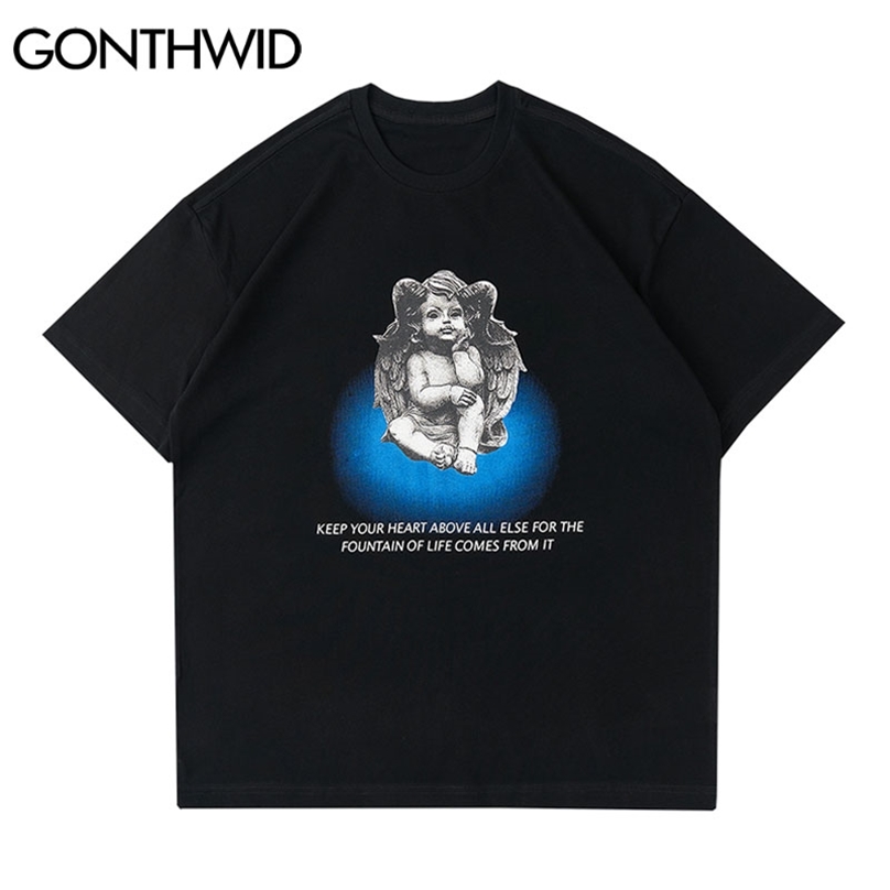 

Tees Shirts Harajuku Cartoon Angel Print T-Shirt Streetwear Hip Hop Summer Fashion Casual Loose Cotton Tshirt Tops 210602, Black