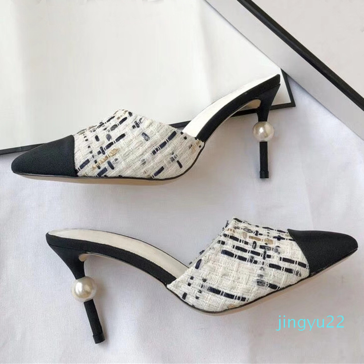 

Luxury Designer Women Tweed Pumps Pearl Stiletto High Heels Slippers Classic Womens Bridal Wedding Shoes Chaussures, As picture