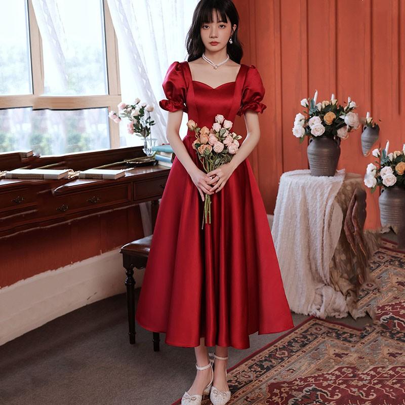 

Ethnic Clothing Sexy Sweetheart Burgundy Lady Cheongsam Temperament Puff Sleeve Qipao Exquisite Mid Length Vestidos Romantic Pleated Dresses
