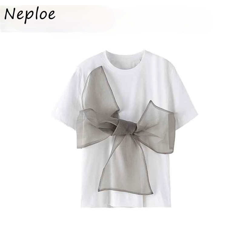 Mesh Bow Patchwork Elegant T Shirt Women O Neck Pullover Short Sleeve Casual Tees Summer Ladies Top Cotton 210422Z