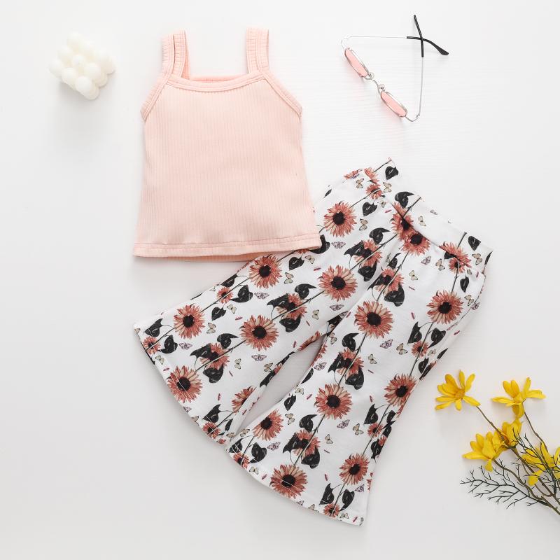 

Clothing Sets Baby Girl Pants Set Solid Color Camisole Vest Sunflower Flower Printed Wide Leg Girls Fashion Summer, White
