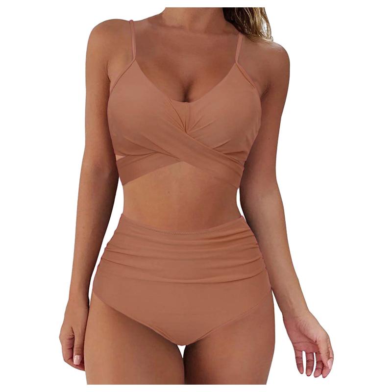 

Women's Swimwear Women Sexy Solid Bikini Swimming Set Push Up Swimsuit High Waist Two Piece Beachwear Biquini Mujer, Khaki