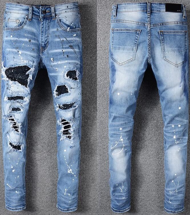 

High quality Mens jeans Distressed Elasticity jean embroidery Slim Ripped hole stripe Famous Denim Men pants big size 28-40, 5#