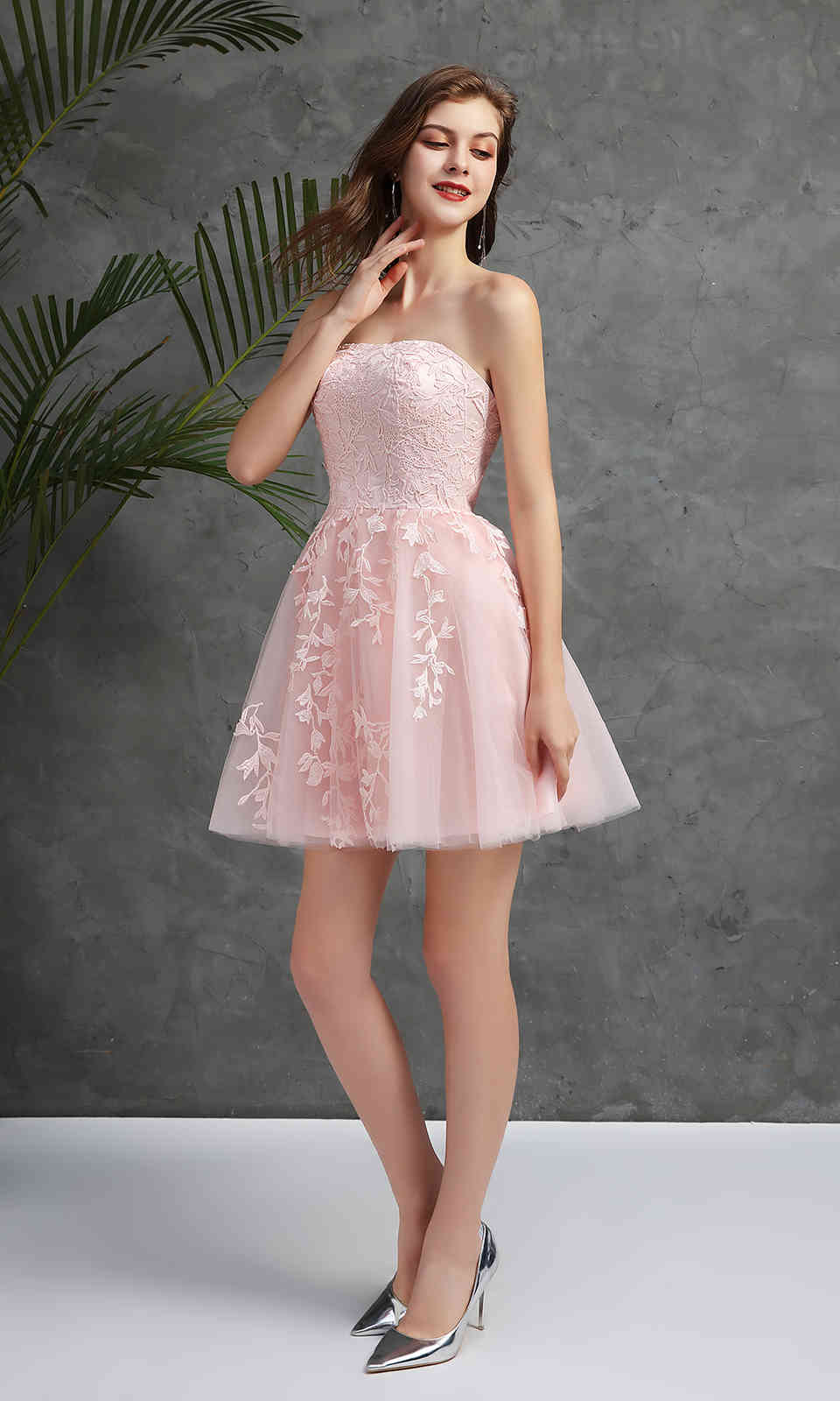 Pink Prom Dresses Sexy Prom Dress Short V Neck Appliques Lace Knee-Length Graduation Party Gowns Tulle Celebrity Evening Robes-image-688506002