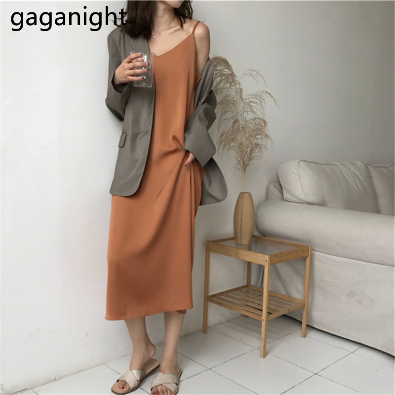 

Gaganight Women Sexy Spaghetti Strap Maxi Dress Summer Retro Solid V Neck Off Shoulder Vestido Elegant A-line Dresses Lady Chic 210519, Orange