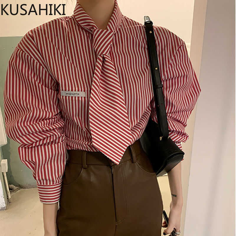 

KUSAHIKI Blusas Mujer De Moda Korean Striped Tie Women Blouses Causal Long Sleeve Causal Shirt Feminimos Tops 6F365 210602, Red