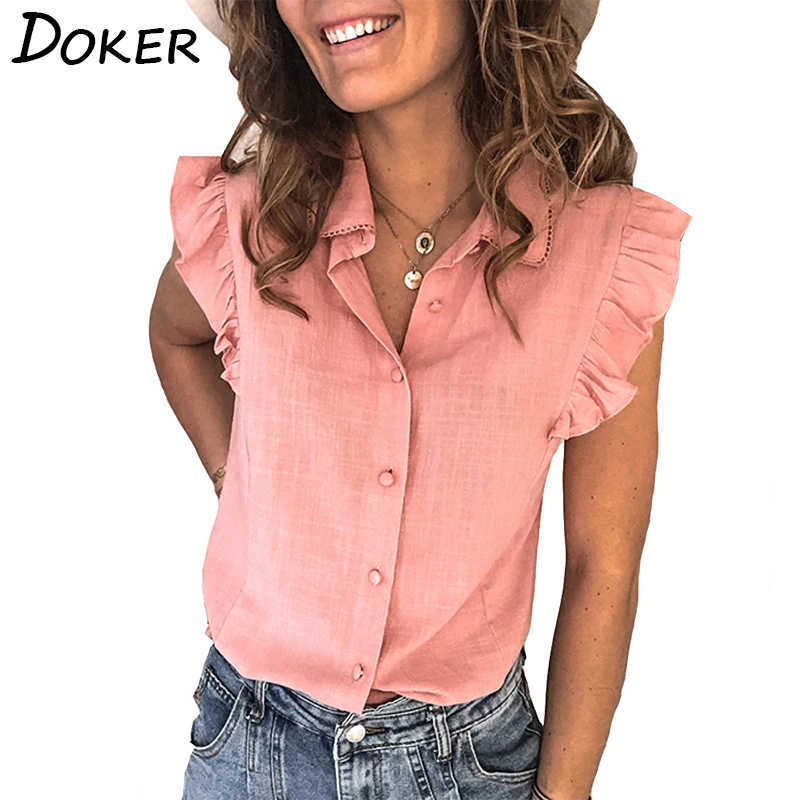 

Ruffled Sleeveless Button Turn Down Collar Shirt Women Solid Color Casual Office Cardigan Female Tops 210604, Pink
