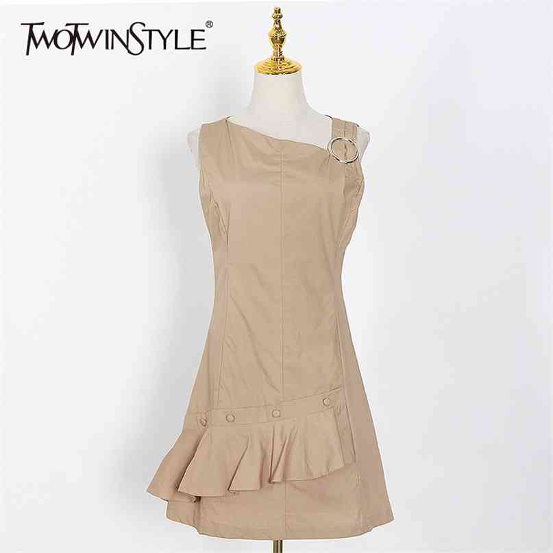 

Minimalist Dress For Women One Shoulder Sleeveless Square Collar Ruffled OL Dresses Female Summer Fashion 210520, Yellow