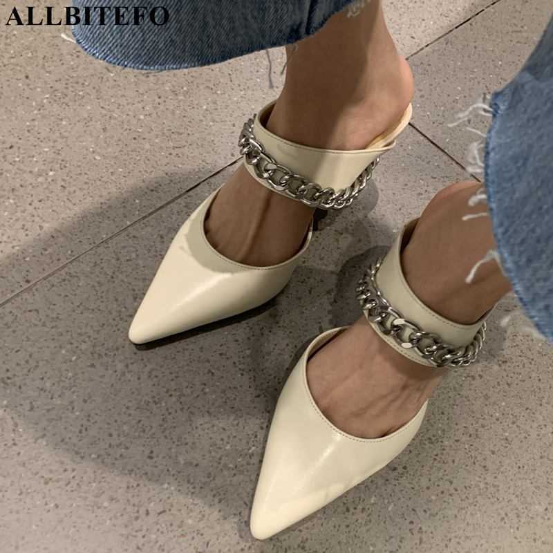 

ALLBITEFO chain design soft genuine leather women sandals Sheepskin insode summer women slippers outdoor street flip flops 210611, As picture