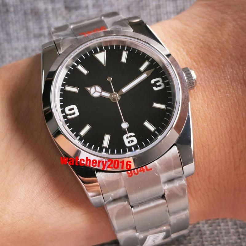 

Wristwatches 36mm Men's Watch Polished Bezel Japan NH35 Movement Oyster Bracelet Sapphire Glass Black Dial 904L Steel Band Green Lume, Green glass