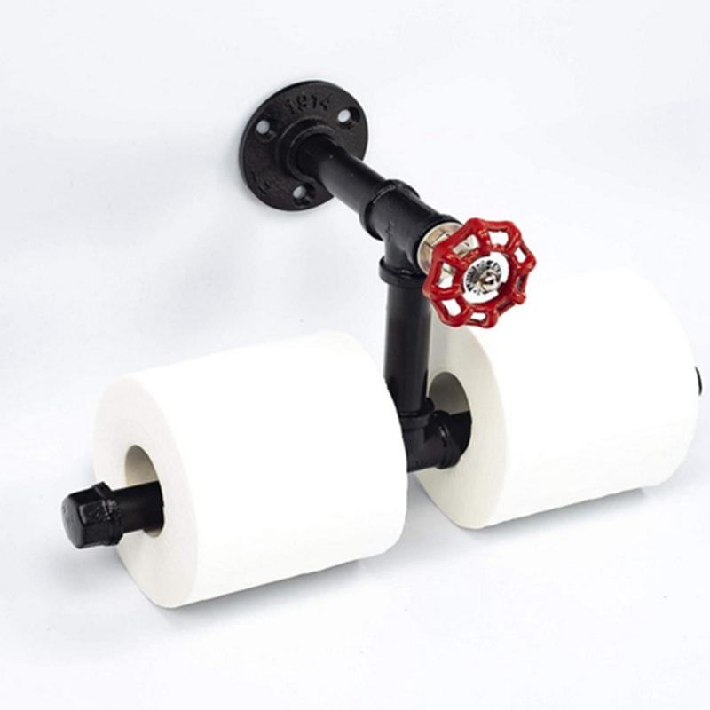 

Toilet Paper Holders Roll Holder Home Decorative Industrial Rustic Wall Mounted Iron Pipe Double Towel Rack