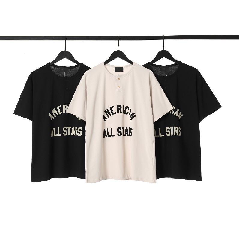 Fashion T shirt High Street Fog Main Line Season 7 Henry Collar Flocking Short Sleeve Men&#039;s and Women&#039;s Casual Loose-image-709596950