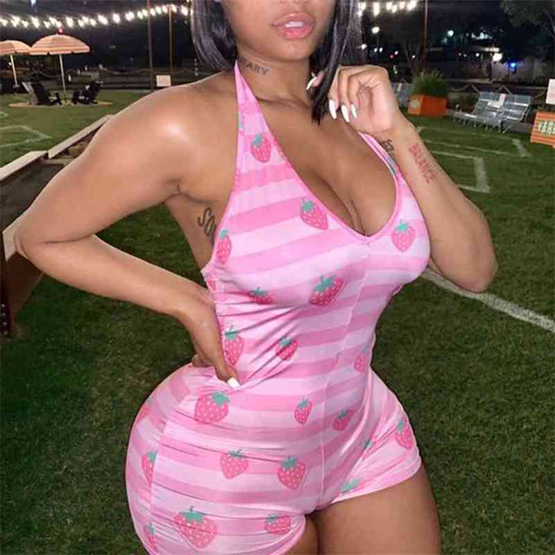 

Sexy Skinny Lovely Strawberry Stripe Printed Jumpsuit Halter Sleeveless V Neck Women Bodycon Playsuit Club Party Outfits Rompers 210517, Beige