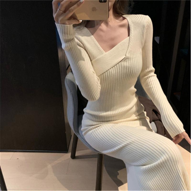 

Casual Dresses Bow Sashes Pearl Button Elegant Knit Dress Women Solid Hollow Out Long Sleeve Mid-length High Waist Sweet Girls 2022, Black;gray