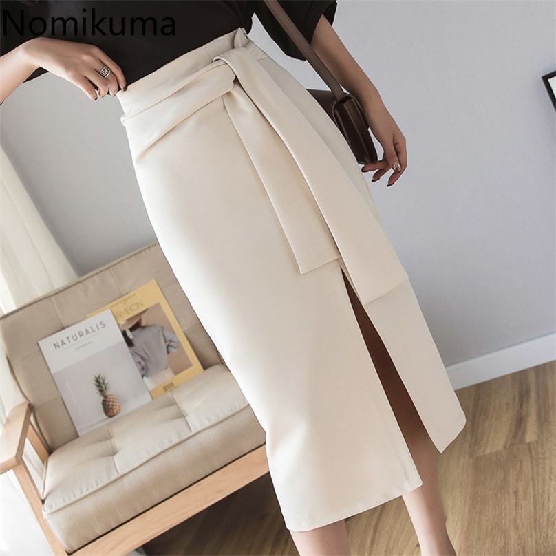 

Nomikuma High Waist Lace Up Black Skirt Women Split Solid Color Side Zipper Elegant OL Skirts Office Ladies Spring 3a263 210629
