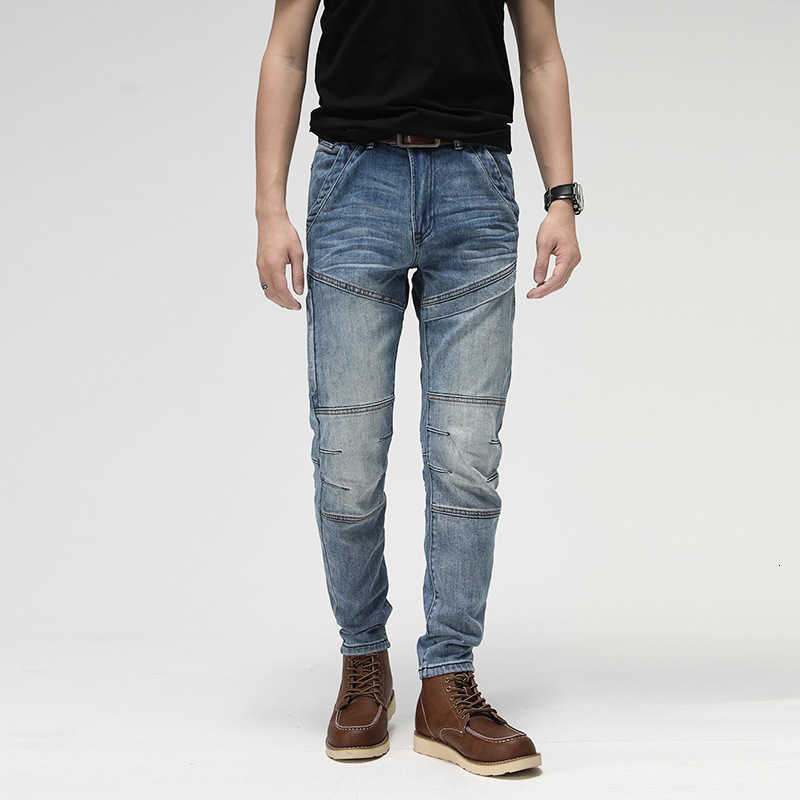 

Street Style Fashion Men Jeans Retro Light Blue Elastic Slim Fit Spliced Designer Biker Hip Hop Denim Punk Pants