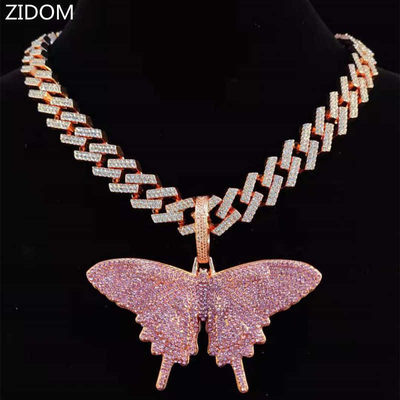 

Big Size AAA Zircon Men Hip Hop Butterfly pendant necklace with 13mm cuban chain Iced Out Bling HipHop necklace Women jewelry X0707