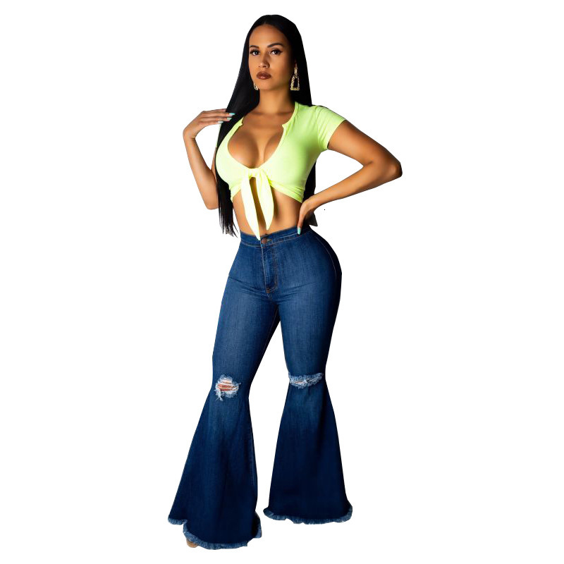 

Women's Jeans Wide Flare High Waist Women Fashion Denim Pants Leg Hole Trousers Lady Casual Bell-Bottoms GOEJ, 592363501394
