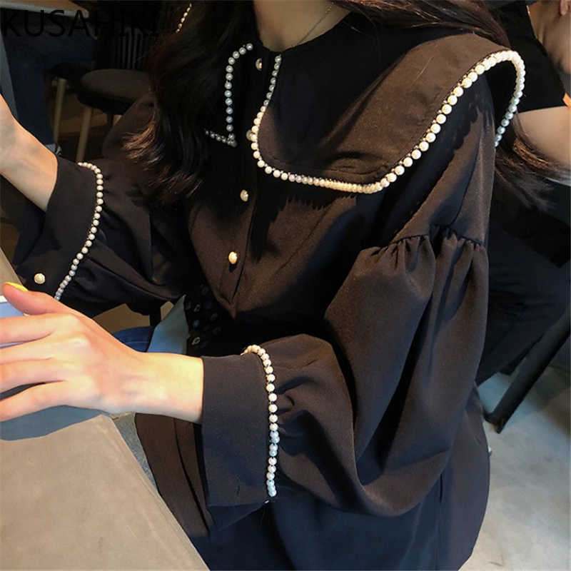 

Women Blouses Sweet Peter Pan Collar Korean Shirt Spring Stretch Slim Waist Long Sleeve Blusas Femme 6F414 210603, Black
