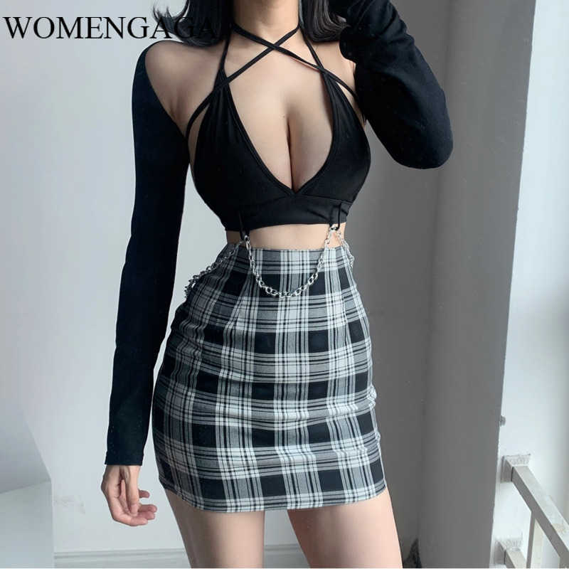 

Summer Fashion Womens Casual Plaid Straight Sexy Mini Cotton Girl Female Black Skirt High Waist Slim E234 210603