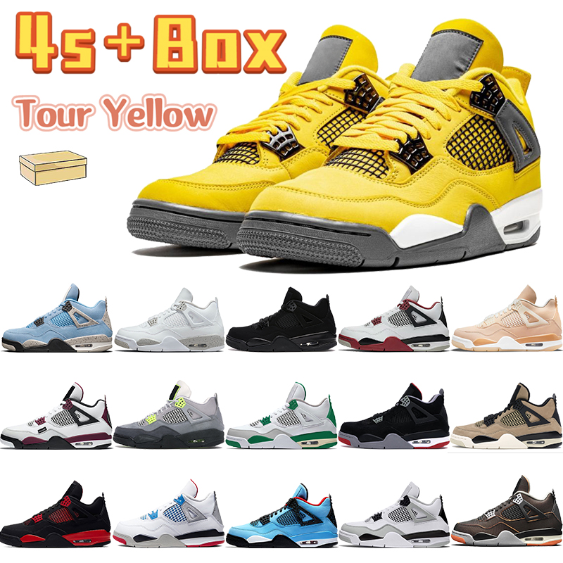 

With Box Tour Yellow 4 4s Men Basketball Shoes Black Cat University Blue Shimmer Fire Red Thunder White Oreo Metallic Green Mens Sports Sneakers, Bubble wrap packaging