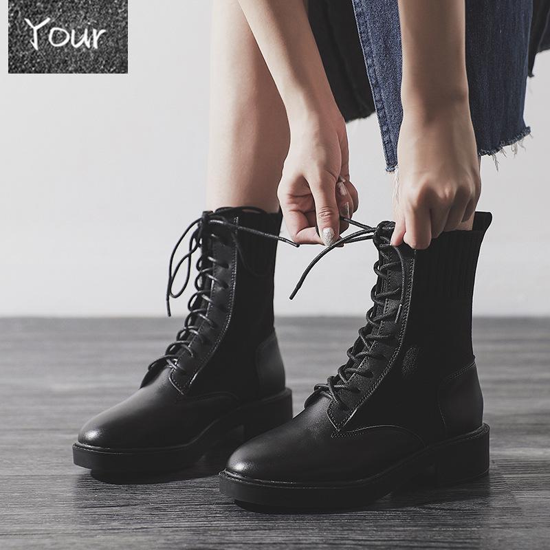 

Boots Women Motorcycle Mid-calf Shoes Lace-Up 2021 Autumn Solid Color Slip-on Winter Warm Thick High Quality, Black