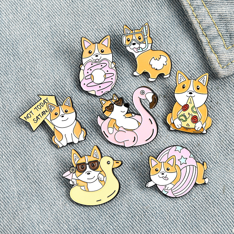 

Korean Cartoon Dog Brooches Pizza Donut Swimming Ring Animal Pins For Women Alloy Anti Light Button Badge Clothes Accessories