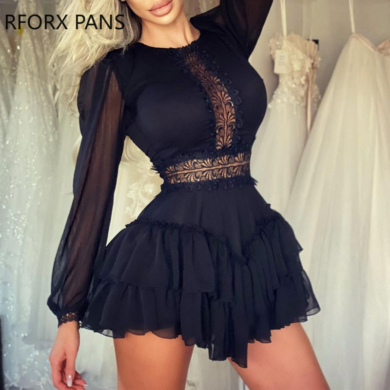 

Women Long Sleeve Solid Stitching Lace Solid Color Long Sleeve Mini Dress Casual Dress Elegant Dress, Black