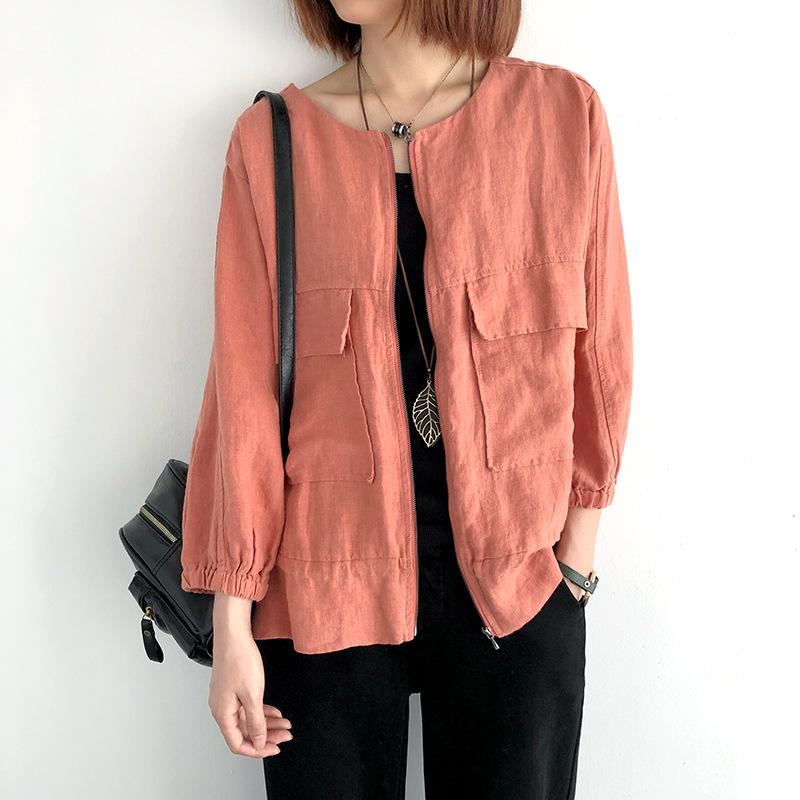 

Women's Jackets QPFJQD Ladies Linen Jacket Zipper O-Neck Long Sleeve Loose Pocket 2022 Autumn Spring Casual Vinage Thin Coats Solid Color, Dark grey