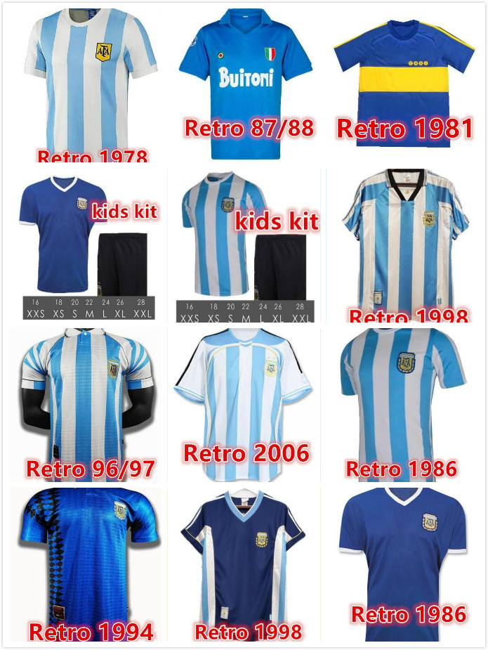 

Retro 1986 Argentina Diego Maradona Soccer Jersey 1978 Boca juniors 1981 Vintage NAPOLI 1987 1988 football soccer shirt Kit Classic tops, 1986 home kids