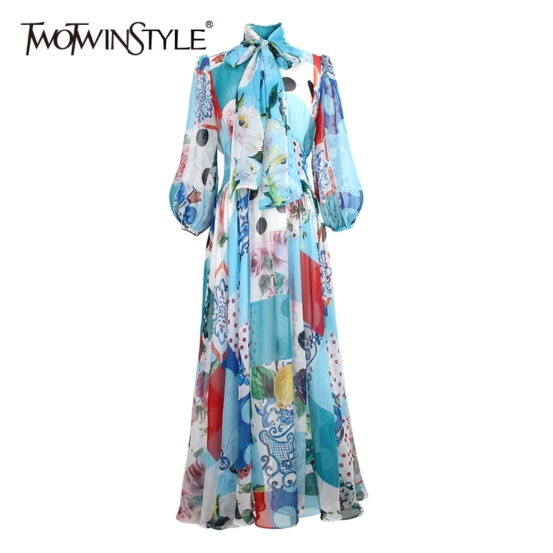 

TWOTWINSTYLE Printed Hit Color Dress For Female Bowknot Collar Lantern Sleeve High Waist Elegant Dresses Female Fashion 210517, Blue